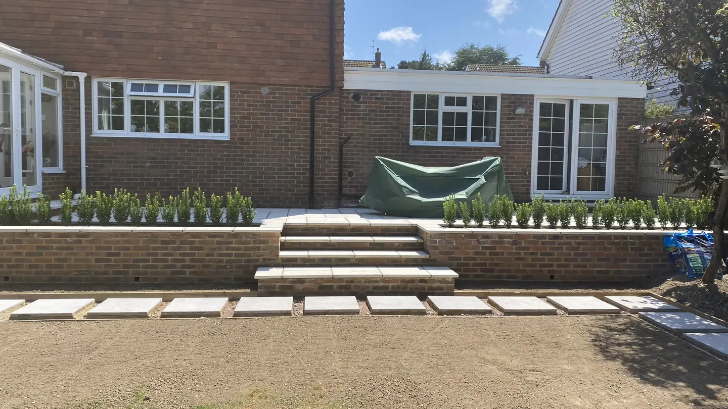 Garden Patio with Twin Retaining Walls and Steps, Sussex